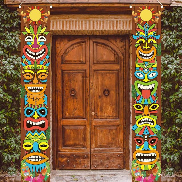 VIKAMA Tiki Totem Gate Banner Hawaiianische Tropische Party-Dekoration als hängende Kulisse für Innen und Außen, Mehrfarbig, B: 180 cm, H: 30 cm, T: 30 cm - Bild 1