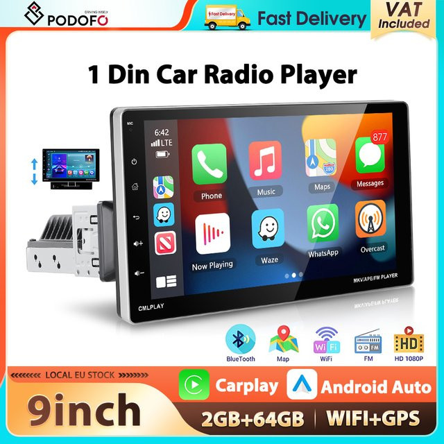 Podofo Android Autoradio 1Din mit 9 Zoll Multimedia-Player, 2+64GB, GPS-Navigation, WLAN, Bluetooth, USB und Mirror Link in Schwarz - Bild 1