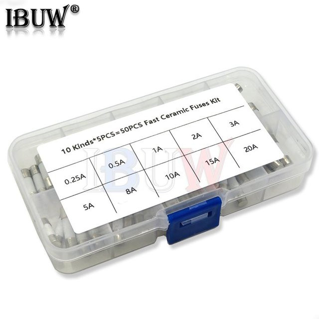 IBUW Keramiksicherungs-Kit mit 50 Teilen in 10 Ausführungen, 250V, Maße: 5 mm x 20 mm, transparent - Bild 1