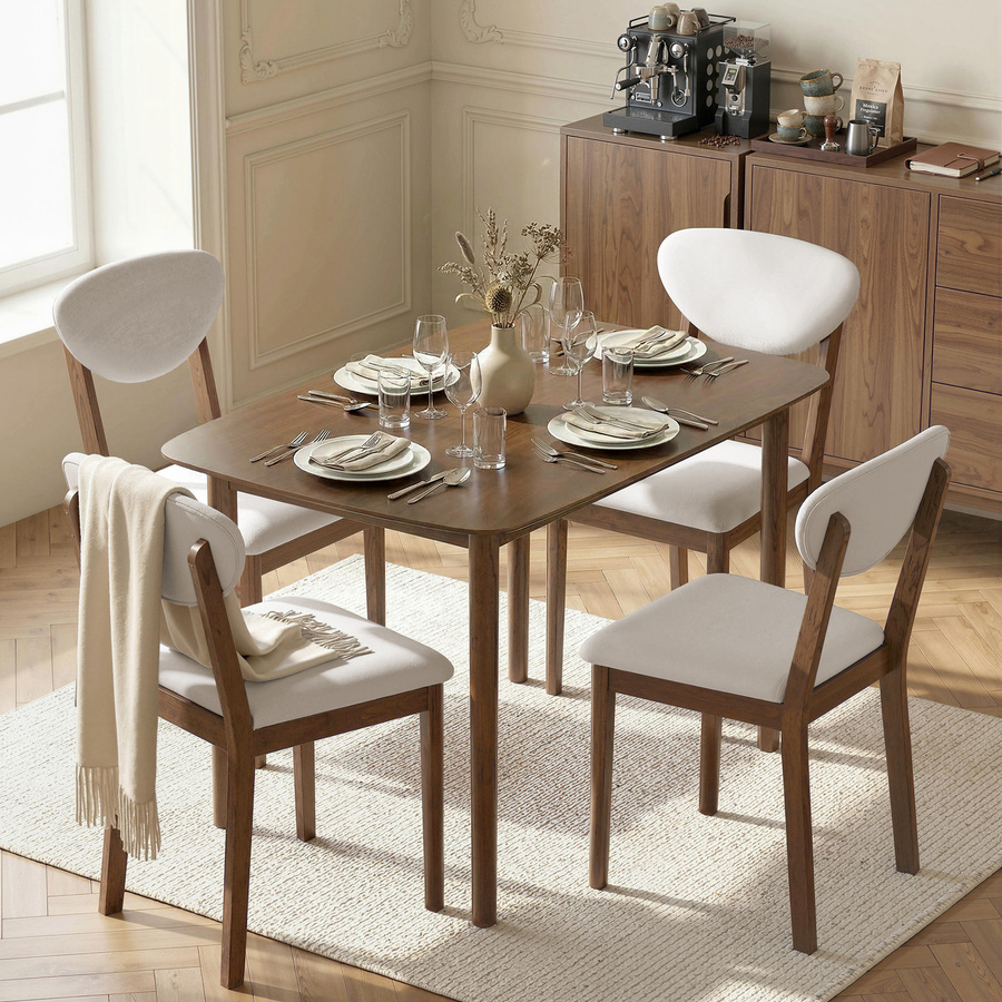 HOMCOM Esszimmerset mit Tisch und 4 Stühlen in Creme und Beige, Mid-Century Design mit Hevea-Holz-Füßen und gepolsterten Sitzflächen in Leinenoptik, rechteckiger Tisch mit Breite: 120 cm - Bild 2