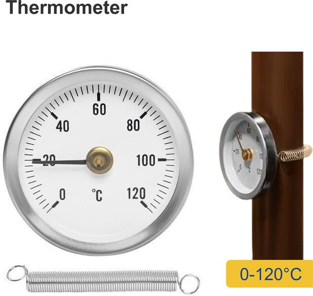 HpLive Edelstahl-Klemmrohrthermometer mit Feder, Messbereich 0-120 °C, Farbe: Silber, Durchmesser: 6,3 cm - Bild 1