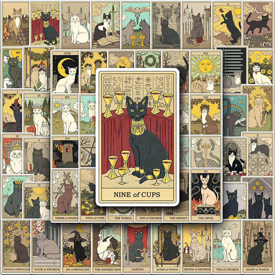 Rspctou Vintage Mysteriöse Katzen-Tarot Aufkleber Set, Wasserfeste Cartoon Sticker für Laptop, Handy und Wasserflaschen, Mehrfarbig - Bild 2