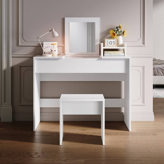 SONNI Schminktisch mit Klappspiegel und Hocker in Weiß, moderner 2 in 1 Frisierkommode und Schreibtisch mit aufklappbarer Platte - Bild 1