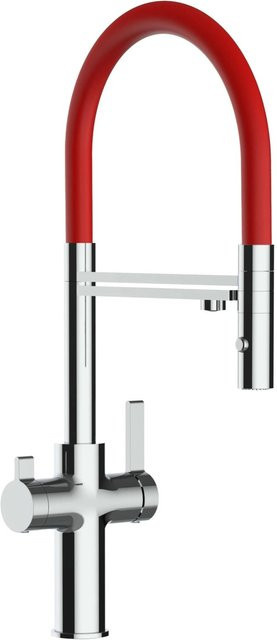 VIZIO Küchenarmatur mit 3-Wege-Wasserhahn, 360 Grad schwenkbarer Auslauf und abnehmbarer 2-Strahl Handbrause, Verchromt, Rot - Bild 1