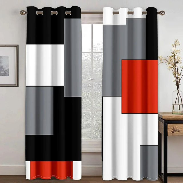Yiran Furniture Vorhänge mit abstraktem geometrischem Muster in Rot und Multicolour, 2er-Set aus Polyester, halbtransparent mit Ösen, Breite: 65 cm, Höhe: 60 cm - Bild 1