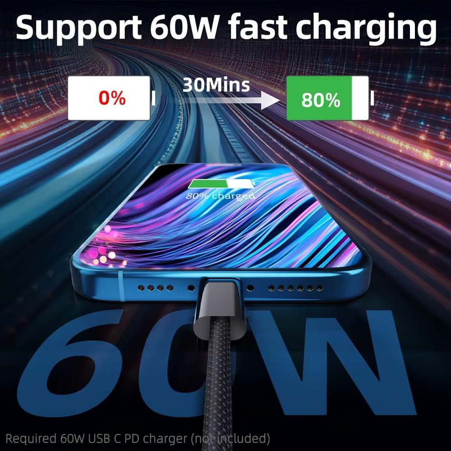 LAIHONEN 3-teiliges USB-C zu USB-C Ladekabel Set, 60W 3A 20V PD, geflochten, Schwarz, kompatibel mit iPhone 17-15 Pro Max, MacBook Air, iPad Pro/Air, Samsung Galaxy und Pixel - Bild 6