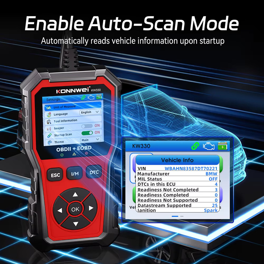 KONNWEI KW330 OBD2 Scanner Auto-Diagnosegerät in Rot zur Fehlercode-Auslesung und Batterieprüfung - Bild 5