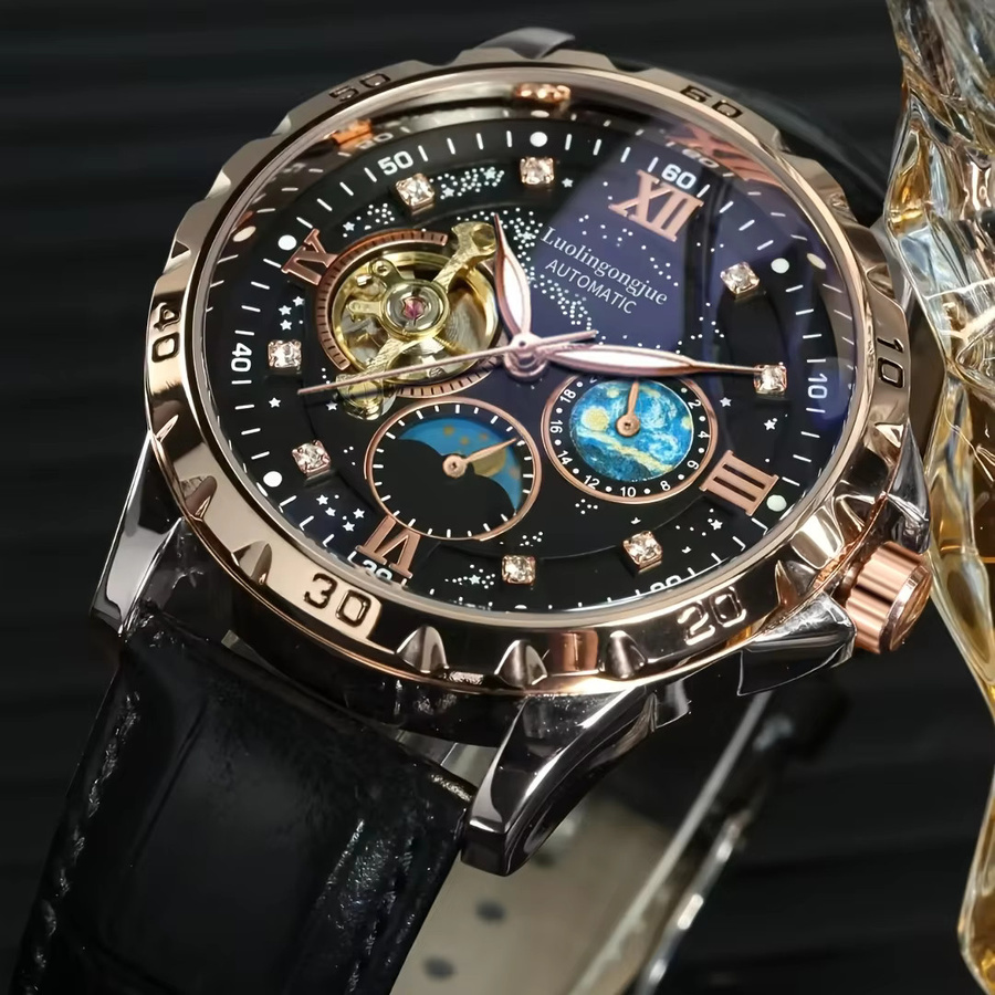 LUOLINGONGJUE Armbanduhr Automatik, Edelstahl, Roségold, Leder, Herren - Bild 3