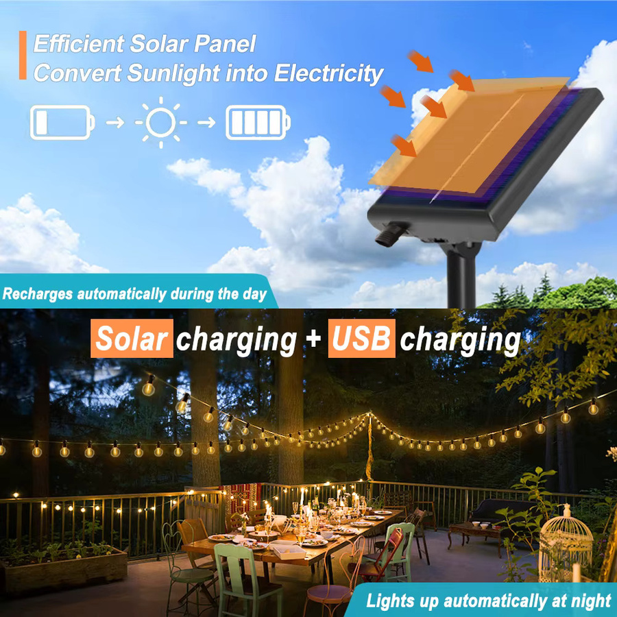 Solar G40 Außenlichterkette mit warmweißen LED-Kugelbirnen, wasserdichte Terrassenleuchte mit Fernbedienung, IP65, schwarz, transparent - Bild 3