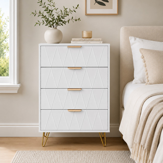 Weiße Kommode von HYNHXBP mit vier Schubladen im Mid-Century-Stil, schmaler Schminktisch mit Rautenmuster und goldenen Beinen, Breite: 60 cm - Bild 1
