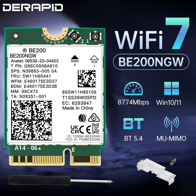 DERAPID Tri-Band WiFi 7 BE200NGW M.2 Adapter mit Bluetooth 5.4 für PC und Laptop, kompatibel mit Windows 10/11 - Bild 1
