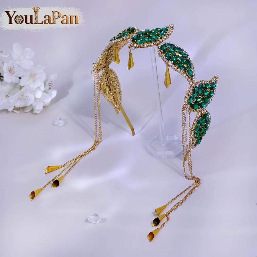 YouLaPan Stirnband mit Strass und Metall-Quasten, Grün, Gold - Bild 2