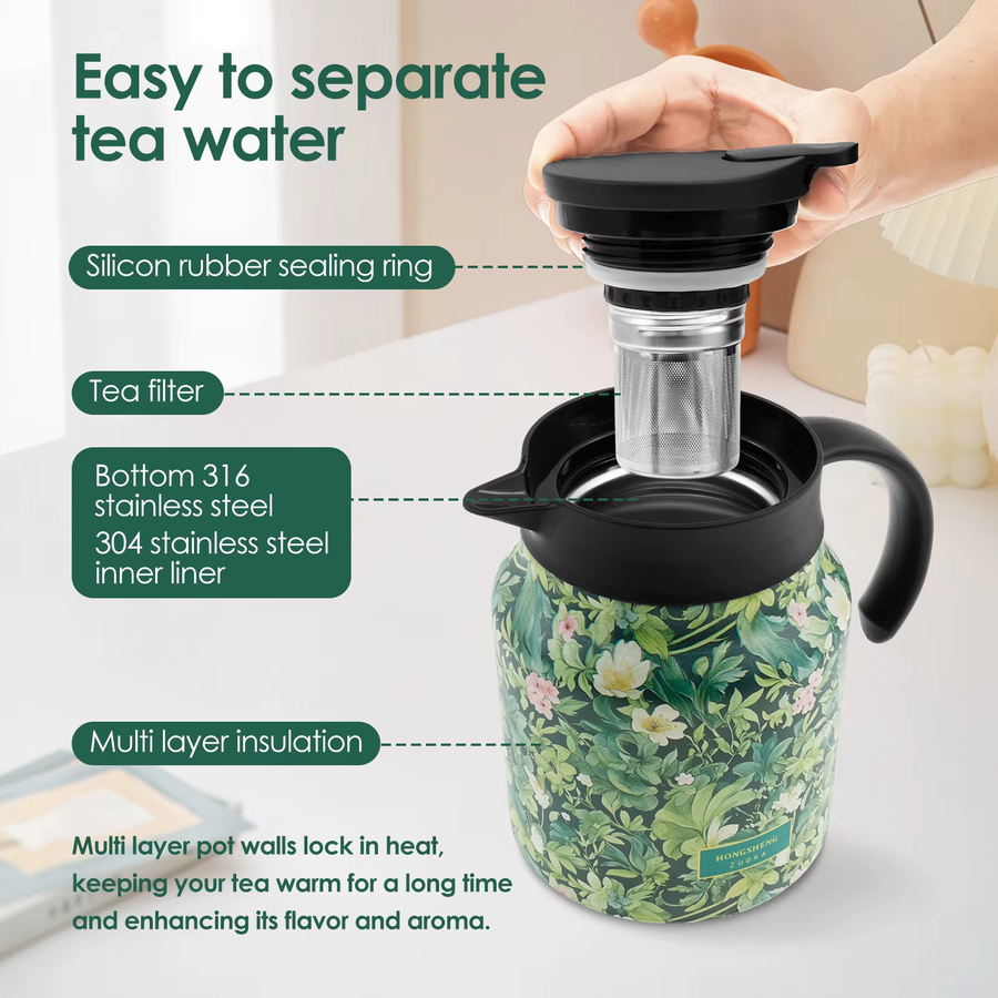 Willstar Vintage Floral Thermoskanne aus Edelstahl mit Tee-Ei und Infuser, 1000 ml, Mehrfarbig - Bild 2