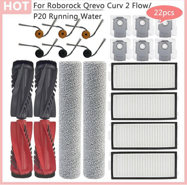 Roborock Qrevo Curv 2-Flow Zubehör-Set mit Hauptbürste, Rollentuch, HEPA-Filter, Staubbeutel und Seitenbürste aus Kunststoff - Bild 1