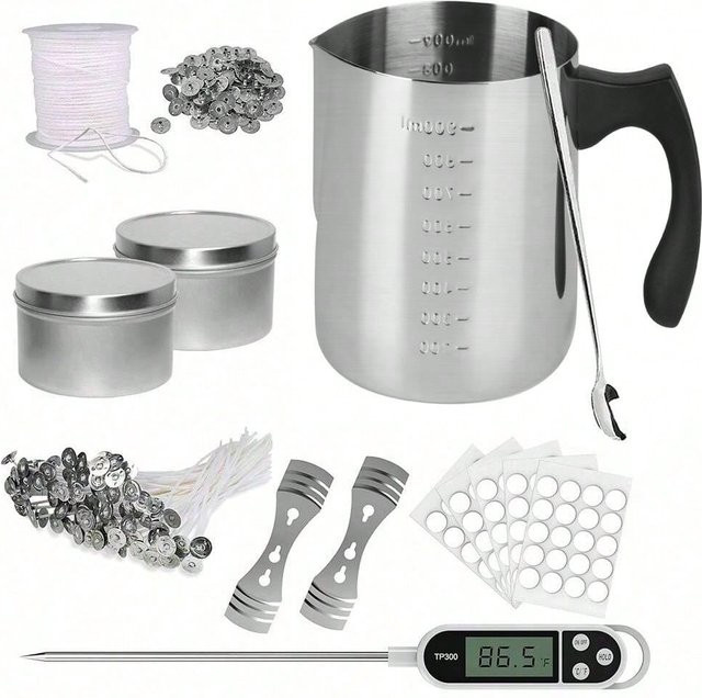 Glintmos Starter-Set zur Kerzenherstellung mit Ausgießtopf und Metalldosen in Silber für Anfänger - Bild 1