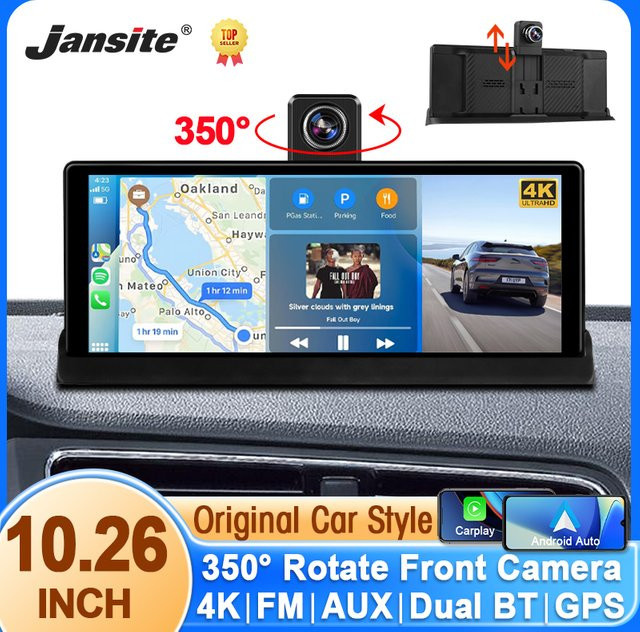 Jansite 4K Dashcam mit 10,26 Zoll Display, kabellosem CarPlay und Android Auto, GPS-Navigation und 350 Grad drehbarer Linse, Rückfahrkamera, Schwarz - Bild 1