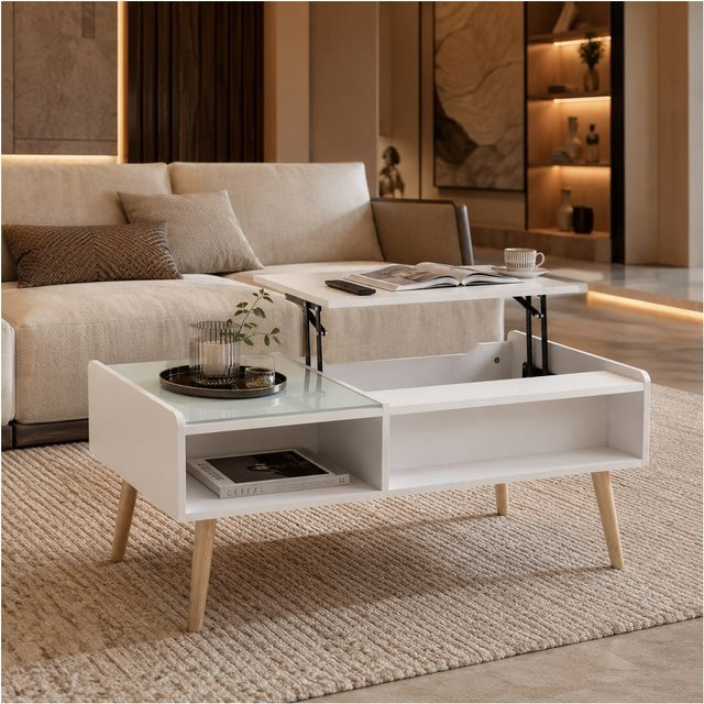 Makika Couchtisch aus Glas in Weiß, ausziehbarer Wohnzimmertisch mit modernem Design und verstecktem Fach - Bild 1