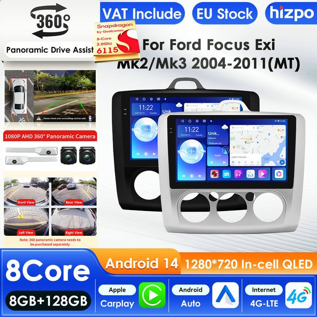 Hizpo Android Autoradio mit Carplay und 4G für Ford Focus 2 3 Mk2 Mk3 2004-2011 inklusive GPS und Bluetooth in Schwarz - Bild 1