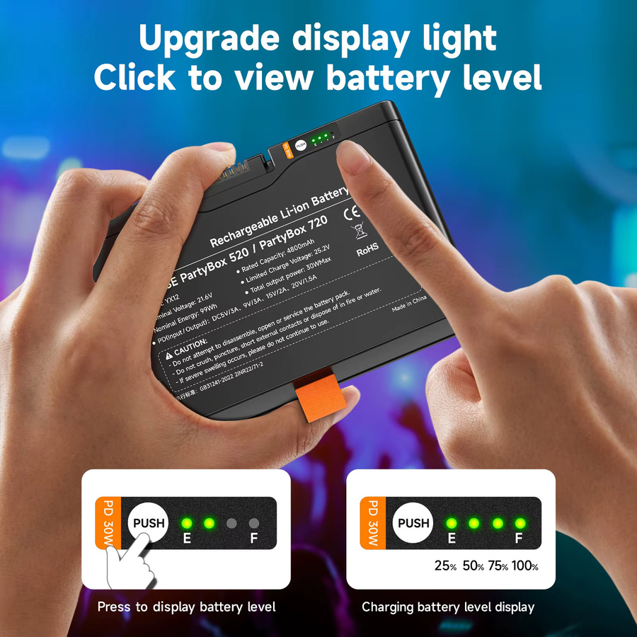 PALO Ersatzakku 4800mAh für JBL Boombox 4, PartyBox 520 und 720 Bluetooth-Lautsprecher mit USB-C Anschluss, Schwarz - Bild 6