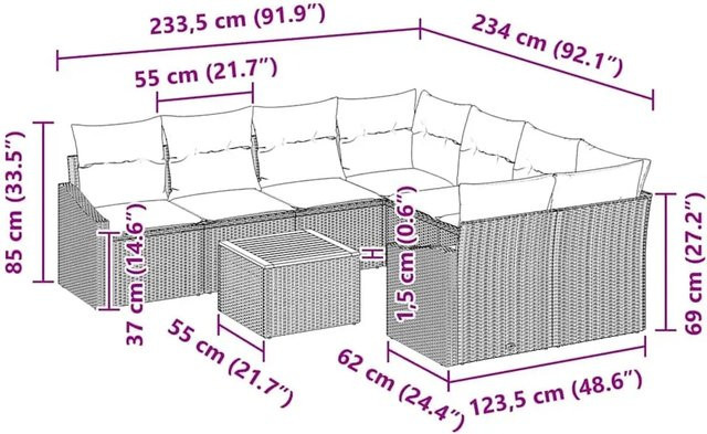 vidaXL Garten-Sofa-Set 9-teilig aus Poly Rattan in Beige mit Kissen und Gartentisch - Bild 1