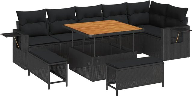 vidaXL Garten-Sofa-Set aus Poly Rattan in Schwarz mit 9 Teilen, L-Form mit Stauraum und Polsterkissen - Bild 1