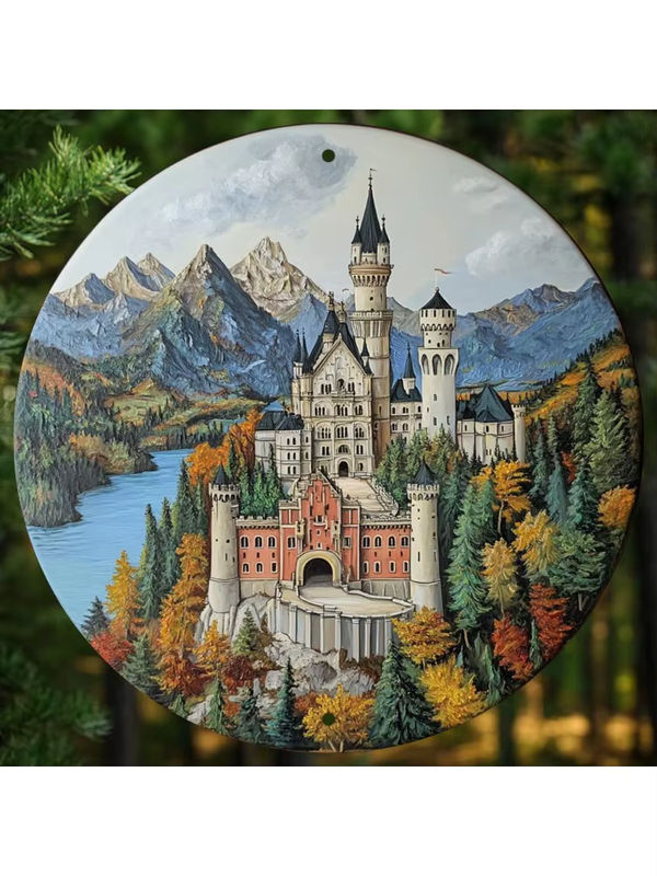 Vintage Neuschwanstein Schloss Wandkunst aus Metall, rundes Metallschild mit Landschaftsmotiv, mehrfarbig, Durchmesser: 20 cm - Bild 7