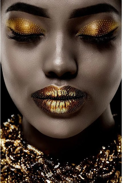 Art Universe Glasbild Goldenes Augen und Lippen-Make Up in Gold, abstraktes Porträt, Breite: 80 cm, Höhe: 120 cm - Bild 1
