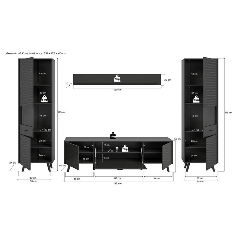 Wohnwand LINEA von xonox.home in Grau und Schwarz, modern mit Lowboard und Vitrine, B/H/T: 331 x 195 x 40 cm - Bild 4