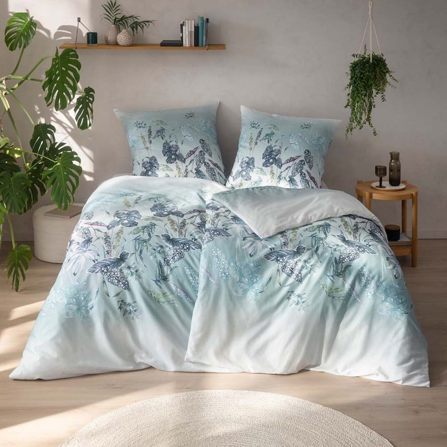 Estella Bio Mako Satin Bettwäsche Soraia azur blau Blätter Gräser, B/H: 155 x 220 cm mit Kissenbezug 80 x 80 cm, GOTS zertifizierte Baumwolle - Bild 1
