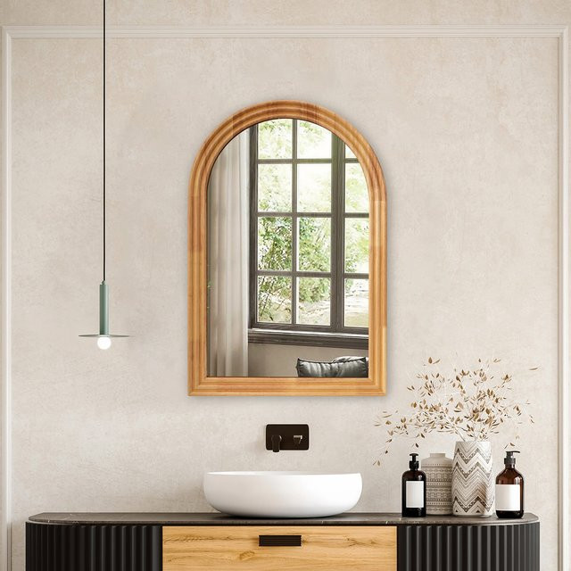 Gewölbter Badezimmerspiegel mit Massivholzrahmen in Braun, B/H: 40 x 60 cm - Bild 1