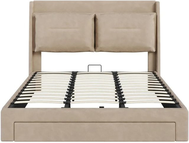 KOMHTOM Gepolstertes Hydraulisches Bett mit Schubladen und Lattenrost aus Samt in Beige, B/T: 180 x 200 cm - Bild 1