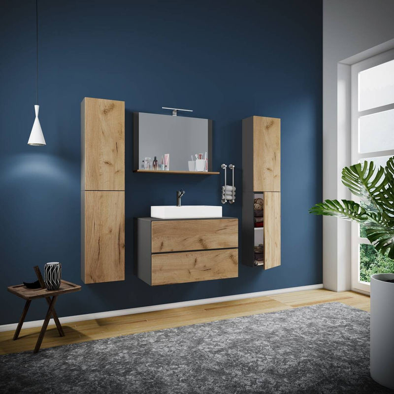 VCM Badmöbel Set Lendas XL 5-tlg. Waschplatz mit Keramik-Waschtisch und Spiegel in Weiss Anthrazit Eiche, B/T/H: 80 x 52 x 52 cm - Bild 3