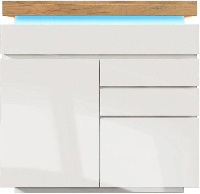 Merax Sideboard Weiß mit LED-Beleuchtung und 3 Schubladen, B/H/T: 115 x 110 x 39 cm - Bild 1