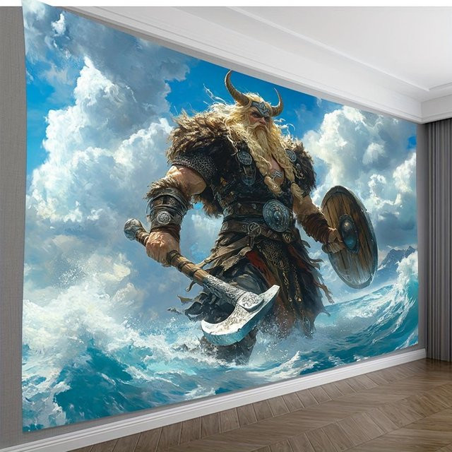 Wikingerkrieger Wandteppich von JMG Household Supplies, Nordischer Held mit Axt und Schild in Meereswellen, Fantasy Wandbehang für dein Wohnzimmer oder Schlafzimmer, B: 70 cm, H: 100 cm - Bild 1