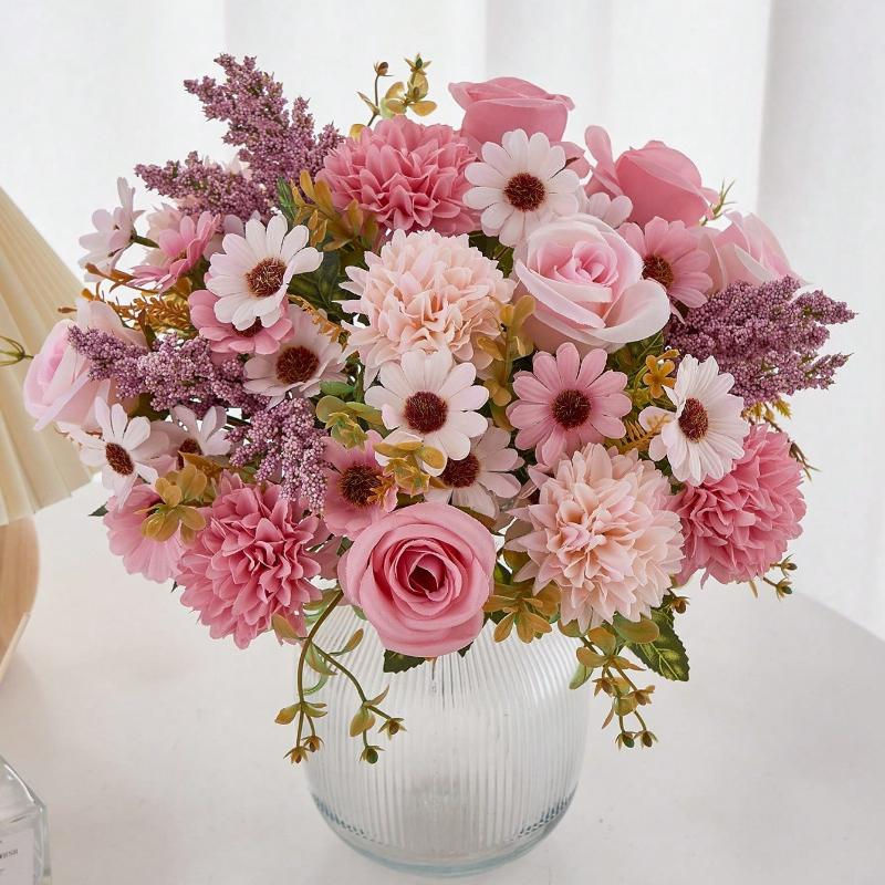 Künstlicher Blumenstrauß von chenxiaogang mit Rosen, Gänseblümchen und Löwenzahn in Orange, ideal für Hochzeiten und die Heimdekoration - Bild 3