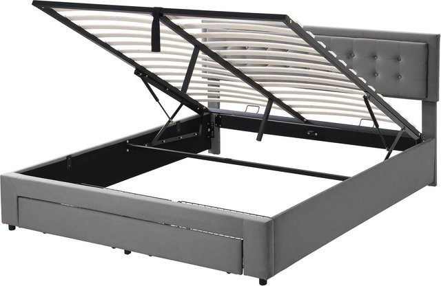 KOMHTOM Doppelbett für Erwachsene mit Stauraum, gepolstertes Hydraulikbett aus grauem Samt mit 2 Schubladen, B/T: 160 x 200 cm - Bild 1