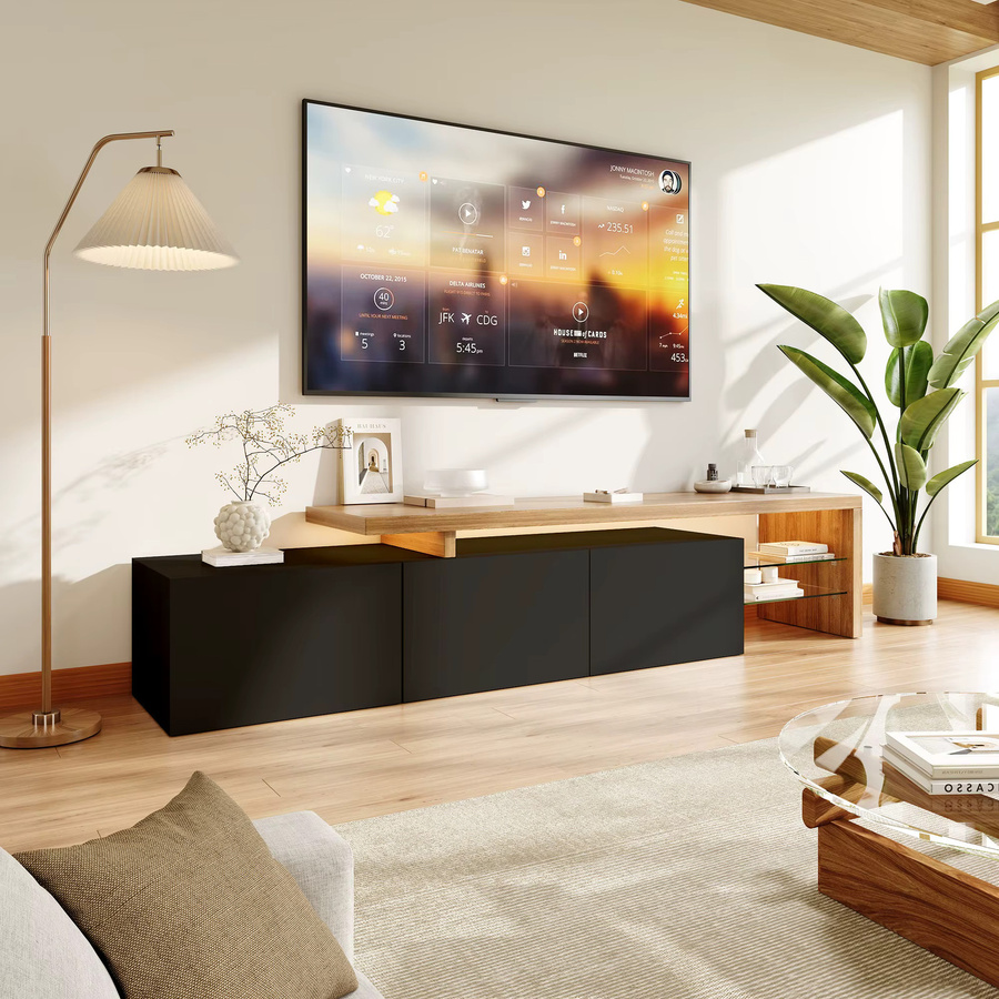 Rosahqnda TV-Schrank in Schwarz mit Hochglanz-Glasregalen und 3 Schubladen, modernes TV-Lowboard mit integrierter Beleuchtung, B/T/H: 200 x 39 x 42 cm - Bild 1