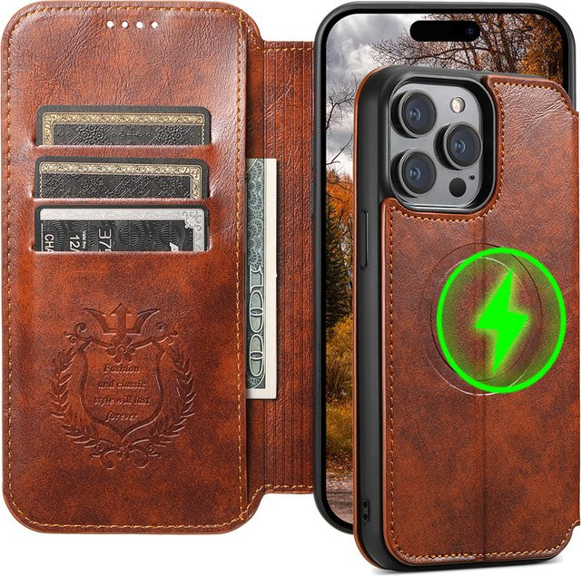 SUTENI Kunstleder Handyhülle mit Wallet-Funktion und Kartenhalter für iPhone 12 13 14 15 16 17 Pro Max Plus in Schwarz und Braun - Bild 1
