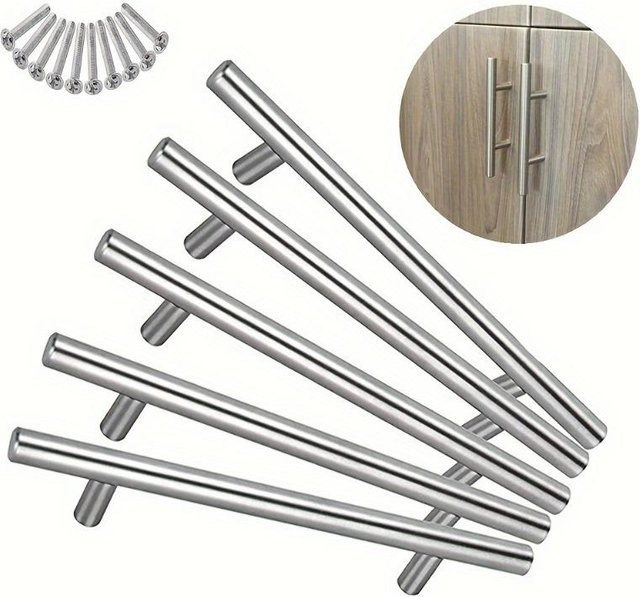 5er Set T-Bügel Griffe aus Edelstahl in Silber gebürstet für Küchenschränke und Schubladen - Bild 1