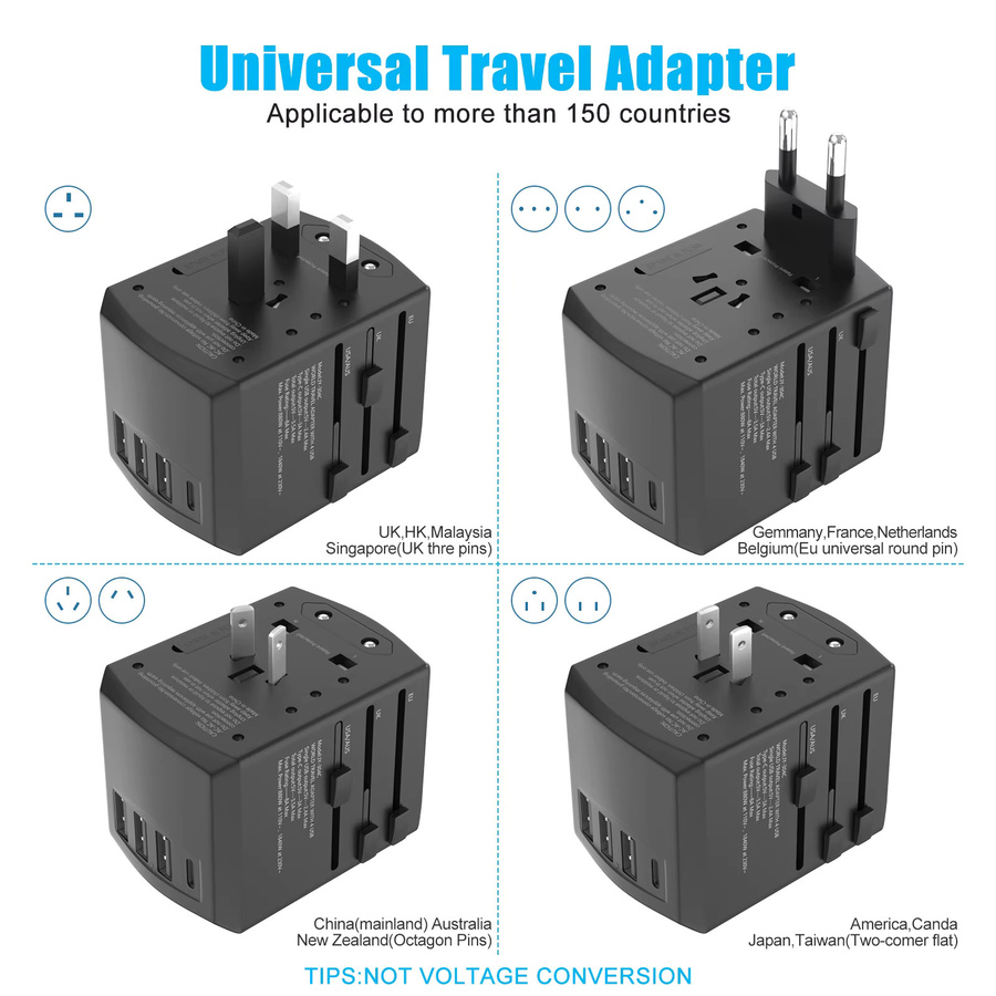 HITRENDS Globaler Universal-Reiseadapter in Schwarz mit 3 USB-A und 1 USB-C Schnellladeanschluss für EU, UK, USA, AU, Südafrika und Indien - Bild 4
