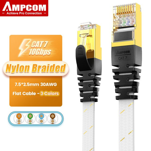 AMPCOM CAT7 Ethernet-Kabel flaches SFTP LAN-Netzwerkkabel mit RJ45-Stecker für Router, Modem, PC und PS4 in Schwarz oder Weiß - Bild 1