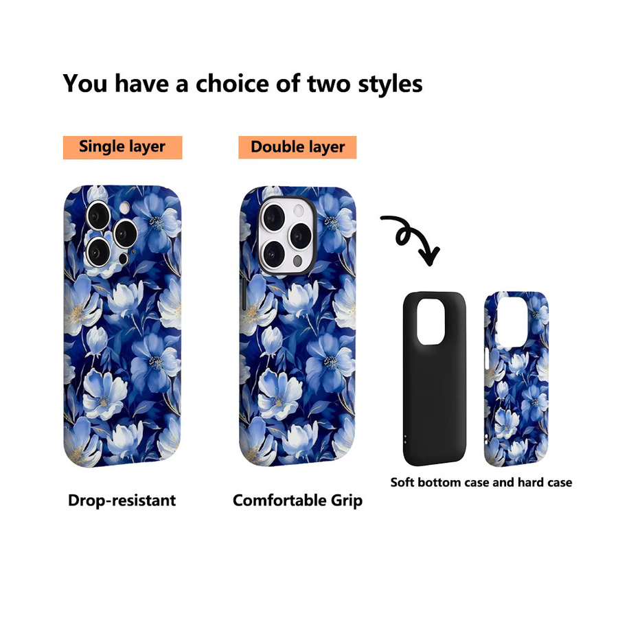 Marineblaue iPhone Hülle mit floralem Design für iPhone 17 16 15 14 13 12 Pro Max Plus mit doppelschichtiger Rückseite - Bild 3