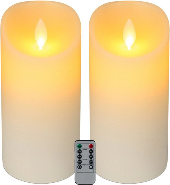 Relaxdays LED Echtwachs Stumpenkerzen im 2er Set mit Timer und Fernbedienung, Weiß, Höhe: 24,5 cm, Durchmesser: 10 cm - Bild 1