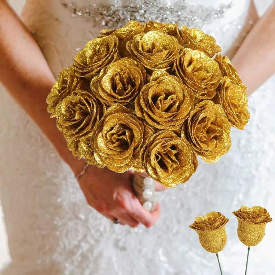12 Stück glitzernde künstliche Rosen von MUFU in Gold für DIY-Blumensträuße und Dekorationen zu Hochzeit, Jahrestag oder Valentinstag - Bild 5