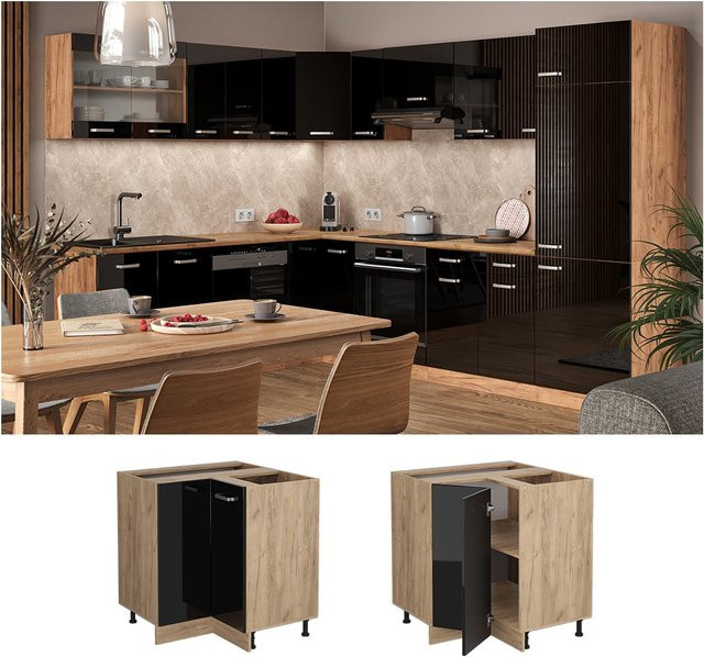 Vicco Eckunterschrank R-Line Küchenschrank in Schwarz und Eiche mit Goldakzenten, Höhe: 87 cm - Bild 1