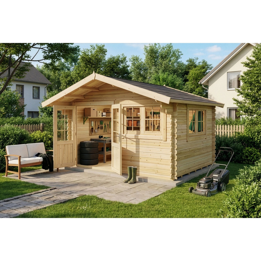 Alpholz Gartenhaus Set Gabriel in Braun, Naturbelassen, Blockbohlen mit 28 mm Wandstärke, inkl. Boden und Dacheindeckung, B/T/H: 438 x 367 x 238 cm - Bild 2