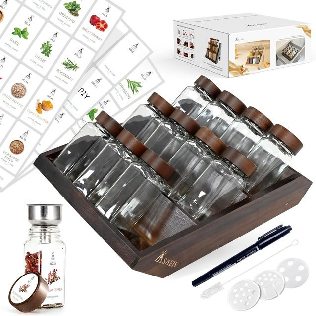 SAEIV Gewürzflaschen-Set aus Glas mit Gewürzregal aus Acacia-Holz, transparent und braun, inklusive Etiketten, 120 ml pro Flasche - Bild 1