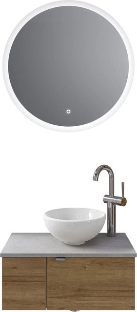Pelipal Badmöbel-Set Serie 6915 Riviera Eiche-Oxid Hellgrau mit Waschtischunterschrank, Waschtischplatte, Keramik Aufsatzbecken und Funktionsspiegel mit LED-Beleuchtung und Sensor-Schalter, Breite: 70 cm - Bild 1