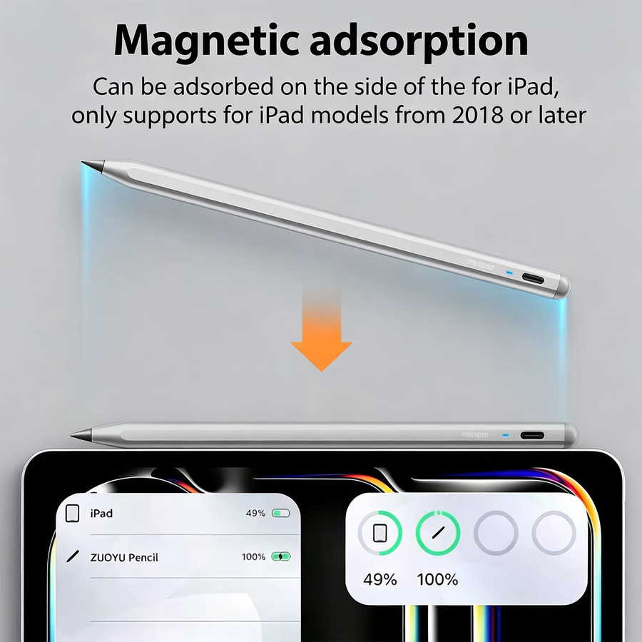 MetaPen Magnetischer Stylus-Stift in Silber mit Handballen-Erkennung und Neigungsempfindlichkeit kompatibel mit Apple Pencil für iPad Pro und Air - Bild 2