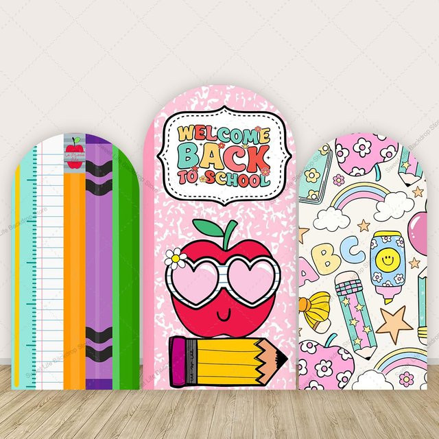 AIBIIN Bogen-Hintergrunddekoration für Kindergarten und Vorschulpartys in Rosa mit Notizbuch und Bleistift-Motiv - Bild 1